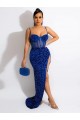 Velvet Sequin Sleeveless Spaghetti Straps Royal Blue Sheath Evening Dress Sudbury