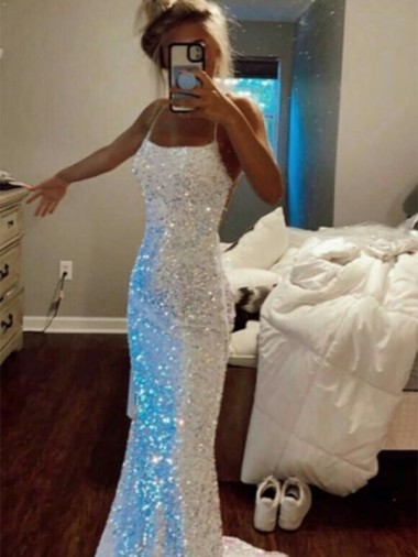 Velvet Sequin Sweep Train Spaghetti Straps Sheath Evening Dress Sudbury