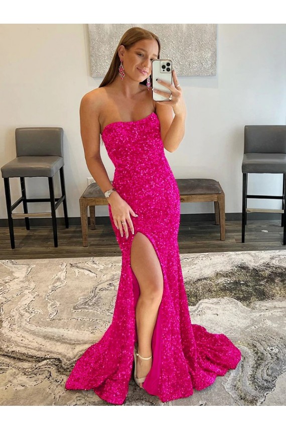 Velvet Sequin Sleeveless Strapless Fuchsia Sheath Prom Dress Sudbury