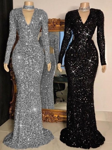 Velvet Sequin Sweep Train V-Neck Sheath Prom Dress Sudbury