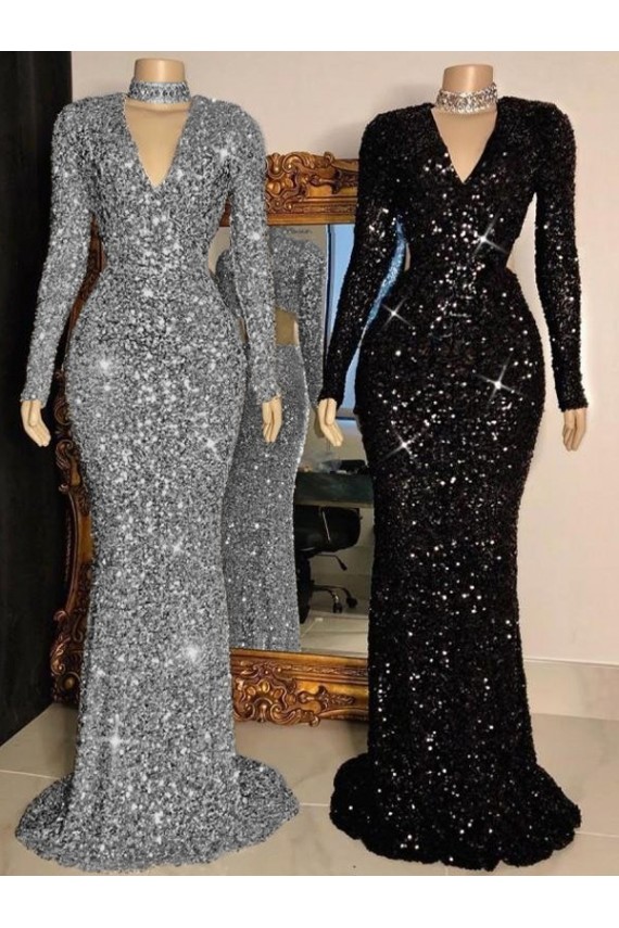 Velvet Sequin Sweep Train V-Neck Sheath Prom Dress Sudbury