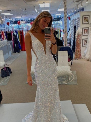 Velvet Sequin Sweep Train V-Neck Sheath Prom Dresses Sudbury