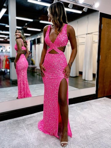 Velvet Sequin Long Sweep Train V-Neck Sheath Evening Dress Sudbury