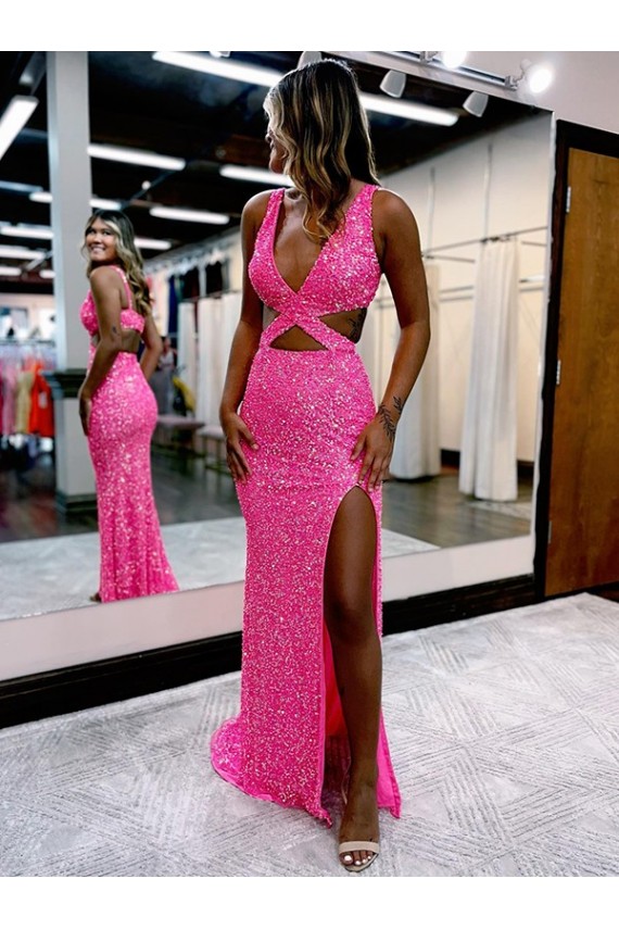 Velvet Sequin Long Sweep Train V-Neck Sheath Evening Dress Sudbury