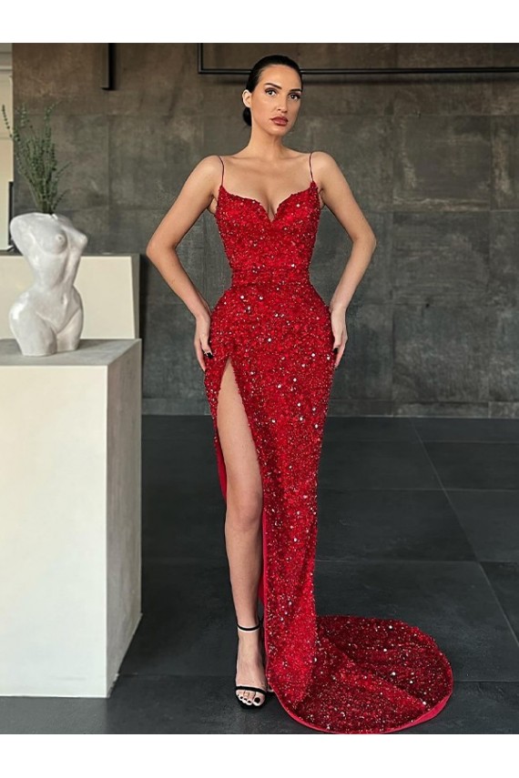 Velvet Sequin Sleeveless V-Neck Red Sheath Evening Gown / Prom Dress Sudbury