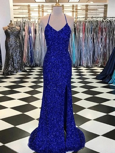 Velvet Sequin Sleeveless V-Neck Royal Blue Sheath Prom Dress / Evening Gown Sudbury
