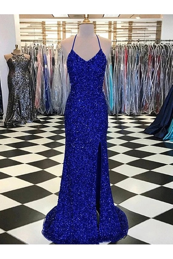 Velvet Sequin Sleeveless V-Neck Royal Blue Sheath Prom Dress / Evening Gown Sudbury