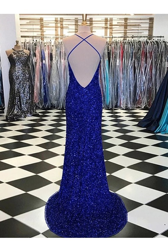 Velvet Sequin Sleeveless V-Neck Royal Blue Sheath Prom Dress / Evening Gown Sudbury