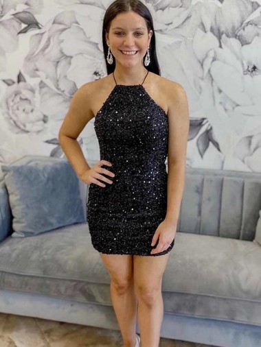 Velvet Sequin Short Halter Neck Sheath Prom Dress Sudbury