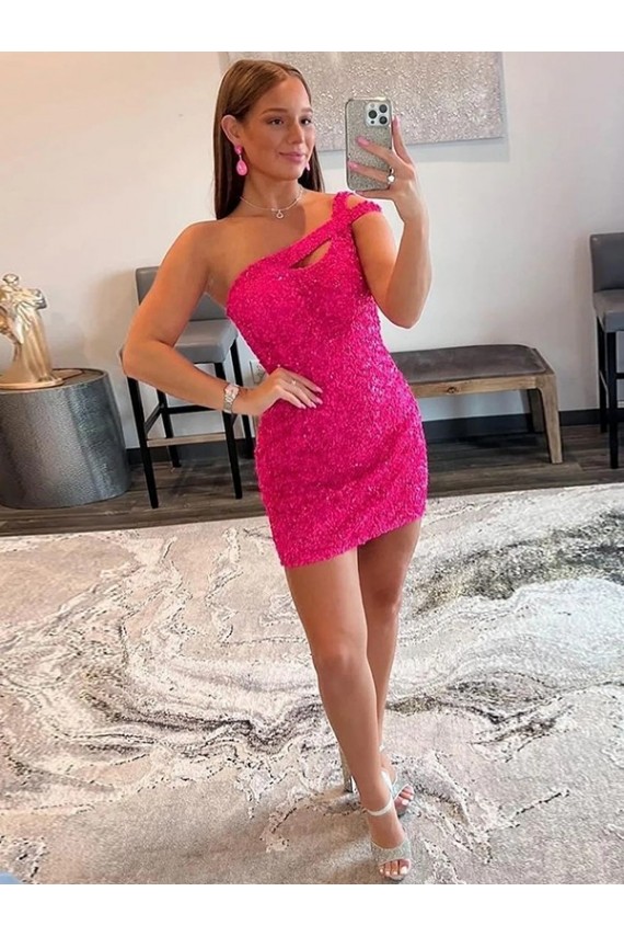 Velvet Sequin Sleeveless One Shoulder Fuchsia Sheath Prom Dresses Sudbury