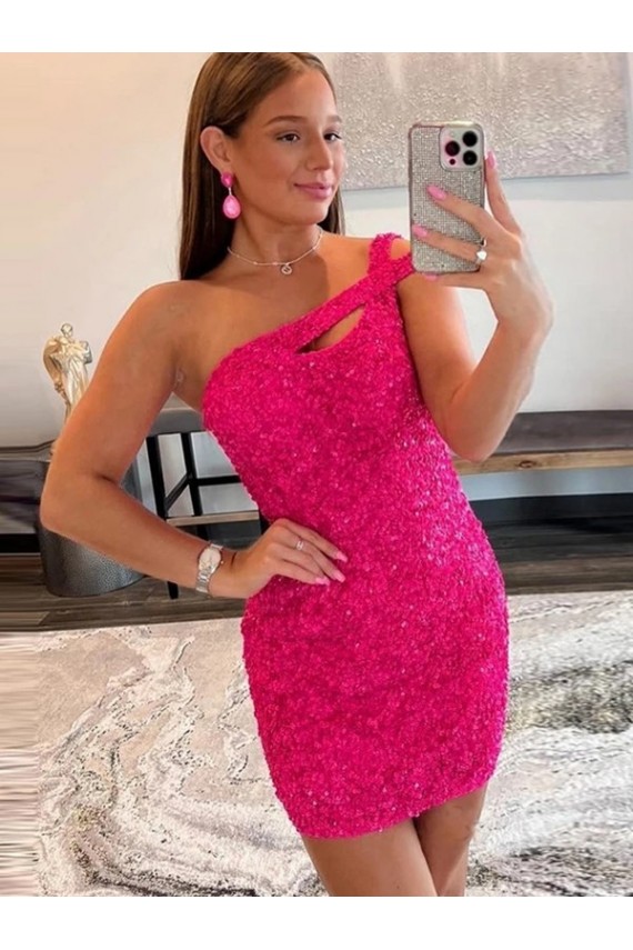 Velvet Sequin Sleeveless One Shoulder Fuchsia Sheath Prom Dresses Sudbury