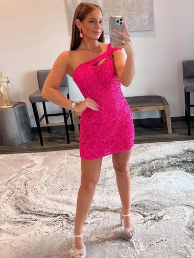 Velvet Sequin Sleeveless One Shoulder Fuchsia Sheath Prom Dresses Sudbury