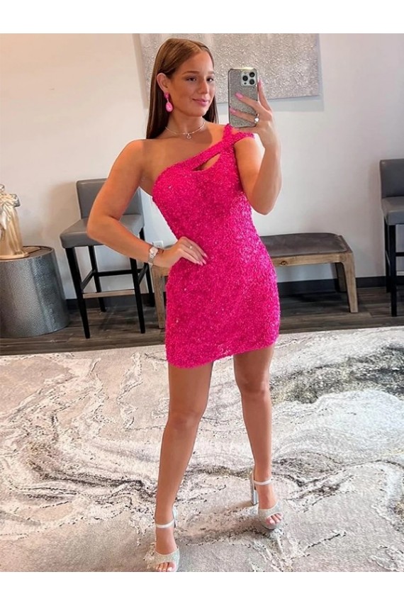 Velvet Sequin Sleeveless One Shoulder Fuchsia Sheath Prom Dresses Sudbury