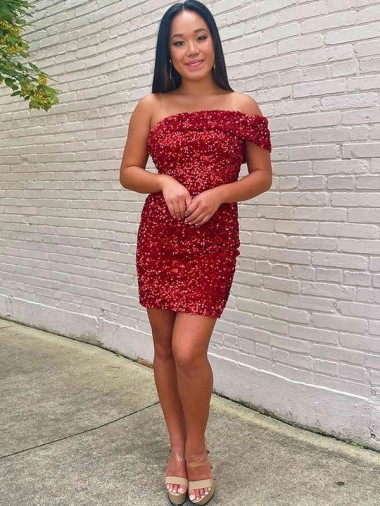 Velvet Sequin Short One Shoulder Sheath Prom Dress Sudbury