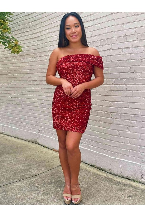 Velvet Sequin Short One Shoulder Sheath Prom Dress Sudbury