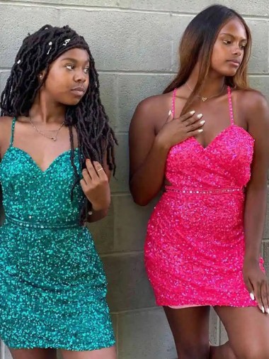 Velvet Sequin Sleeveless V-Neck Dark Green Sheath Prom Dress Sudbury