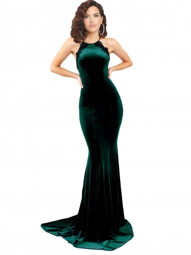 Stretch Velvet Low Back Sweep Train High Neck Mermaid Formal Evening Gown / Prom Dress / Bridesmaid Dress Sudbury