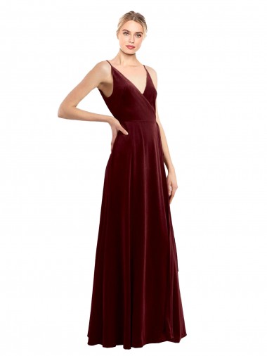 Stretch Velvet V-Back Long V-Neck Burgundy A-Line Bridesmaid Dress / Evening Dress Sudbury
