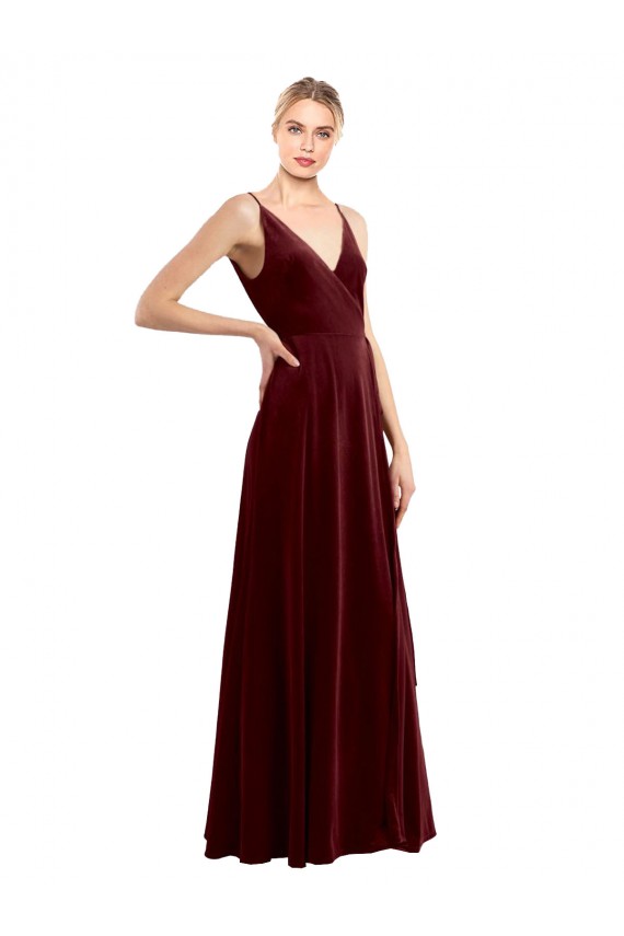 Stretch Velvet V-Back Long V-Neck Burgundy A-Line Bridesmaid Dress / Evening Dress Sudbury