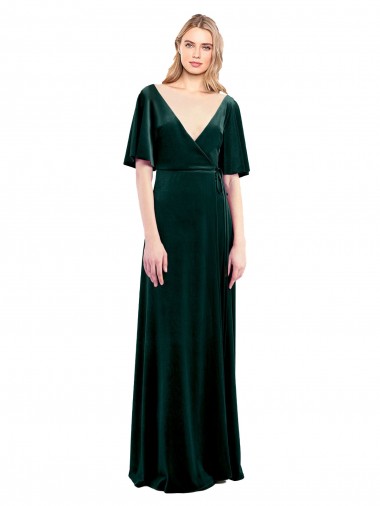 Stretch Velvet V-Back Long V-Neck Dark Green A-Line Prom Dress / Bridesmaid Dress Sudbury