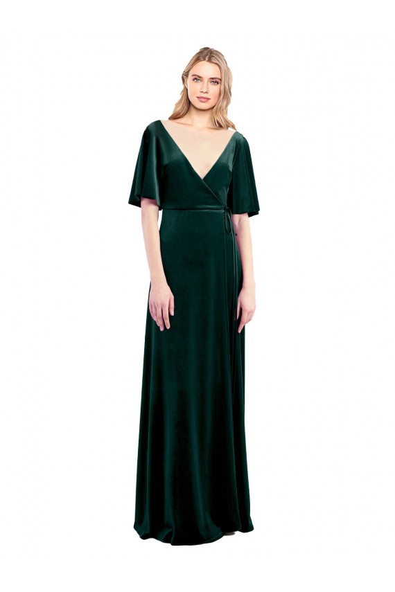 Stretch Velvet V-Back Long V-Neck Dark Green A-Line Prom Dress / Bridesmaid Dress Sudbury