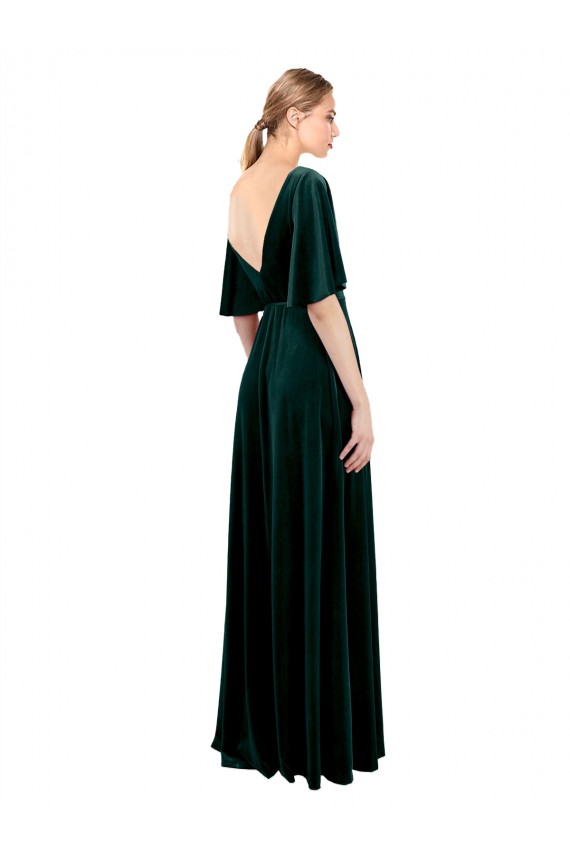 Stretch Velvet V-Back Long V-Neck Dark Green A-Line Prom Dress / Bridesmaid Dress Sudbury