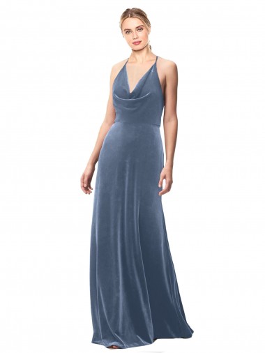 Stretch Velvet Keyhole Back Long Spaghetti Straps Dusty Blue A-Line Prom Dress / Bridesmaid Dress Sudbury