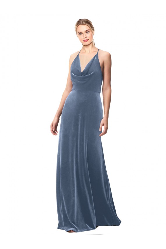 Stretch Velvet Keyhole Back Long Spaghetti Straps Dusty Blue A-Line Prom Dress / Bridesmaid Dress Sudbury
