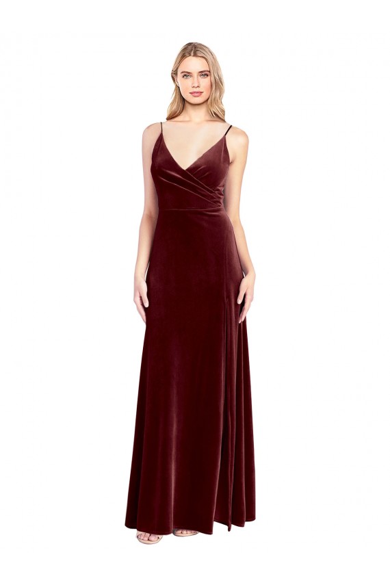 Stretch Velvet V-Back Long V-Neck A-Line Black Tie Prom Dress / Bridesmaid Dress Sudbury