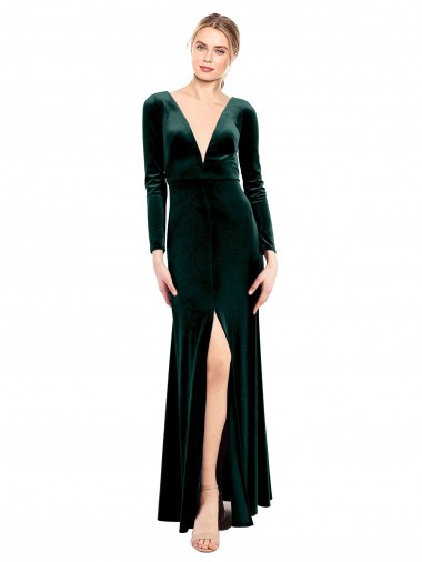 Stretch Velvet Open Back Long V-Neck A-Line Black Tie Prom Dress / Bridesmaid Dress Sudbury