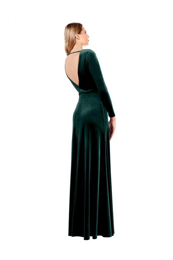 Stretch Velvet Open Back Long V-Neck A-Line Black Tie Prom Dress / Bridesmaid Dress Sudbury