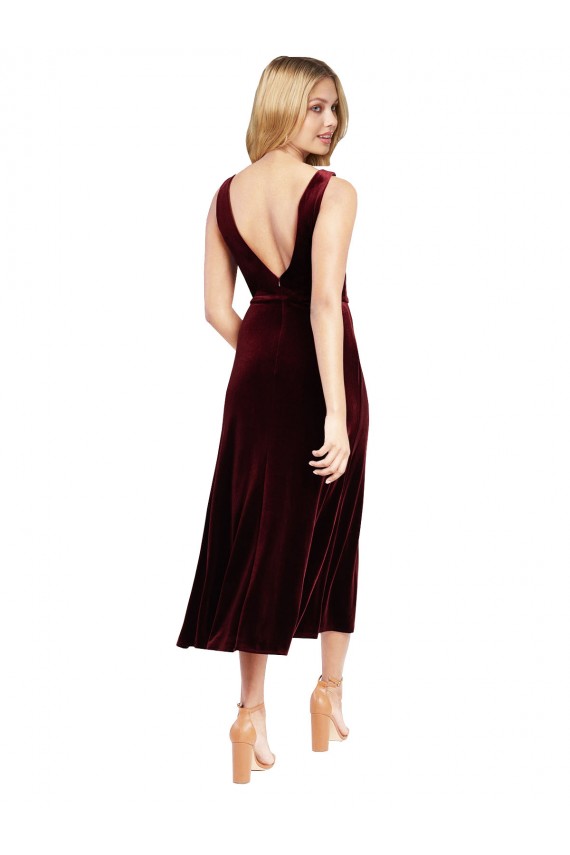 Stretch Velvet V-Back Midi Length V-Neck Burgundy A-Line Prom Dress / Bridesmaid Dress Sudbury