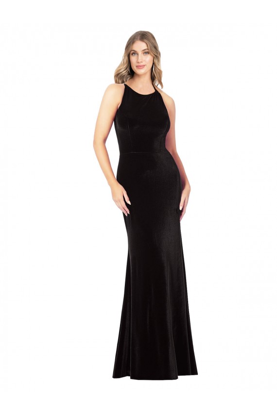 Stretch Velvet Criss Cross Back Long Spaghetti Straps Sheath Formal Evening Gown / Prom Dress / Bridesmaid Dress Sudbury