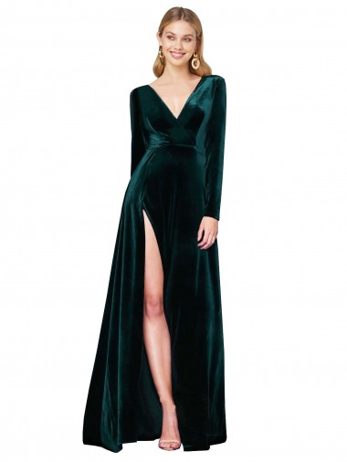 Stretch Velvet Sweep Train V-Neck A-Line Black Tie Evening Gown / Prom Dress / Bridesmaid Dress Sudbury