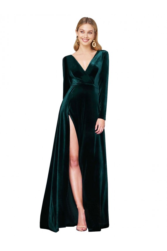 Stretch Velvet Sweep Train V-Neck A-Line Black Tie Evening Gown / Prom Dress / Bridesmaid Dress Sudbury