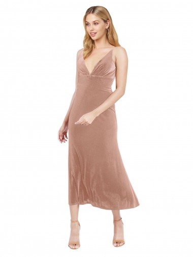 Stretch Velvet V-Back Midi Length V-Neck Pink A-Line Prom Dress / Bridesmaid Dress Sudbury