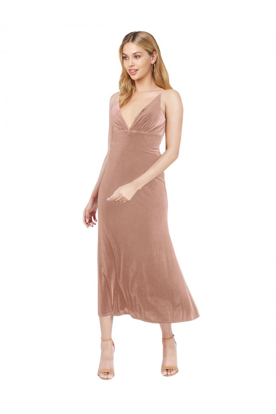 Stretch Velvet V-Back Midi Length V-Neck Pink A-Line Prom Dress / Bridesmaid Dress Sudbury