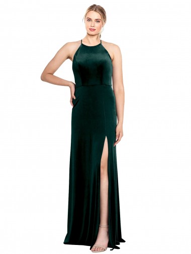 Stretch Velvet Keyhole Back Long Spaghetti Straps Dark Green A-Line Prom Dress / Bridesmaid Dress Sudbury