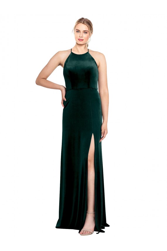 Stretch Velvet Keyhole Back Long Spaghetti Straps Dark Green A-Line Prom Dress / Bridesmaid Dress Sudbury