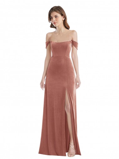 Stretch Velvet Long Off the Shoulder Cinnamon Rose A-Line Semi Formal Evening Dress / Prom Dress / Bridesmaid Dress Sudbury