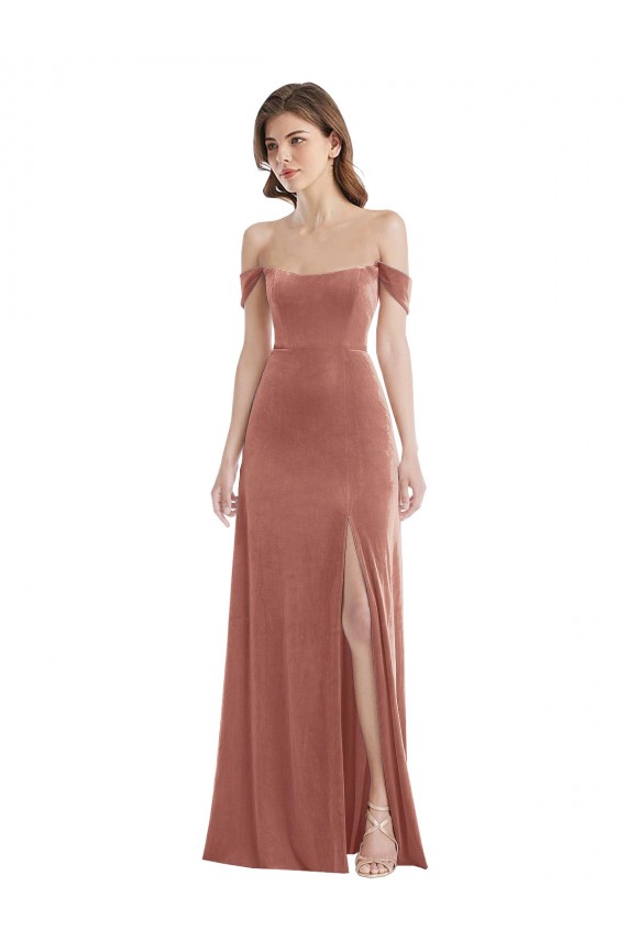 Stretch Velvet Long Off the Shoulder Cinnamon Rose A-Line Semi Formal Evening Dress / Prom Dress / Bridesmaid Dress Sudbury