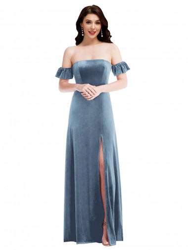 Stretch Velvet Low Back Long Off the Shoulder A-Line Formal Dress / Bridesmaid Dress Sudbury
