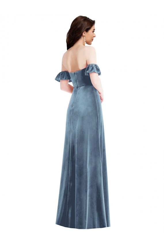 Stretch Velvet Low Back Long Off the Shoulder A-Line Formal Dress / Bridesmaid Dress Sudbury