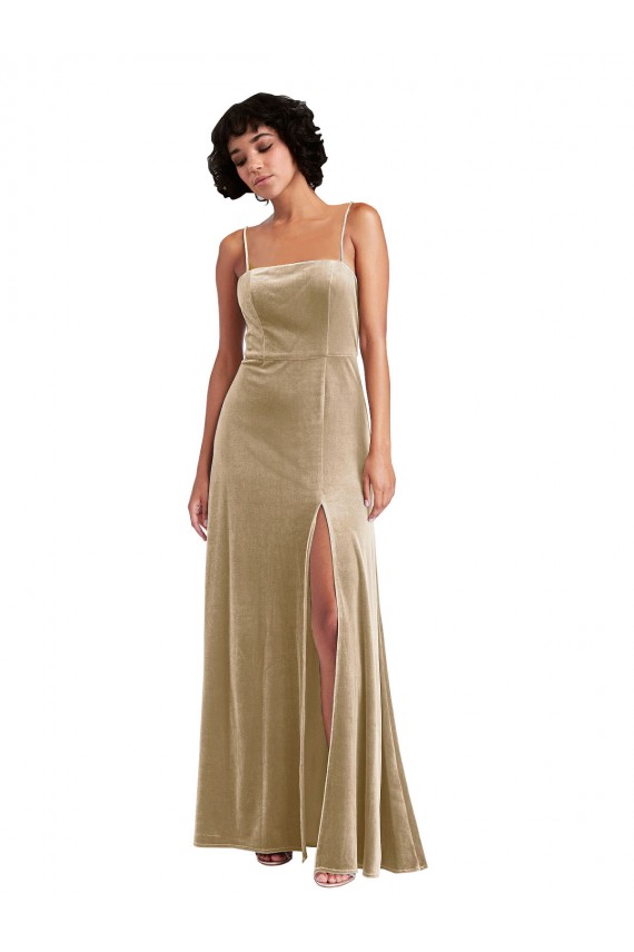 Stretch Velvet Low Back Long Square Neck A-Line Formal Evening Gown / Prom Dress / Bridesmaid Dress Sudbury
