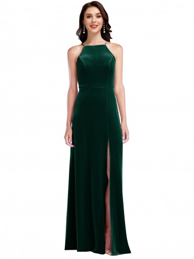 Stretch Velvet Long Halter Neck A-Line Semi Formal Evening Dress / Prom Dress / Bridesmaid Dress Sudbury