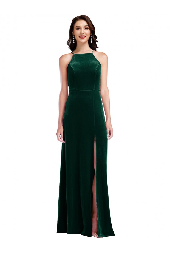 Stretch Velvet Long Halter Neck A-Line Semi Formal Evening Dress / Prom Dress / Bridesmaid Dress Sudbury