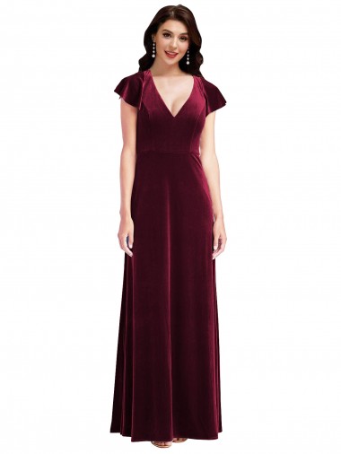 Stretch Velvet Long V-Neck A-Line Semi Formal Evening Dress / Prom Dress / Bridesmaid Dress Sudbury