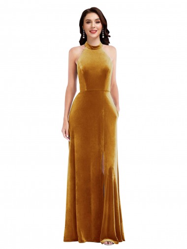 Stretch Velvet Keyhole Back Long Halter Neck Trumpet Semi Formal Evening Dress / Prom Dress / Bridesmaid Dress Sudbury