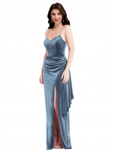 Stretch Velvet Low Back Long Spaghetti Straps Trumpet Formal Evening Gown / Prom Dress / Bridesmaid Dress Sudbury
