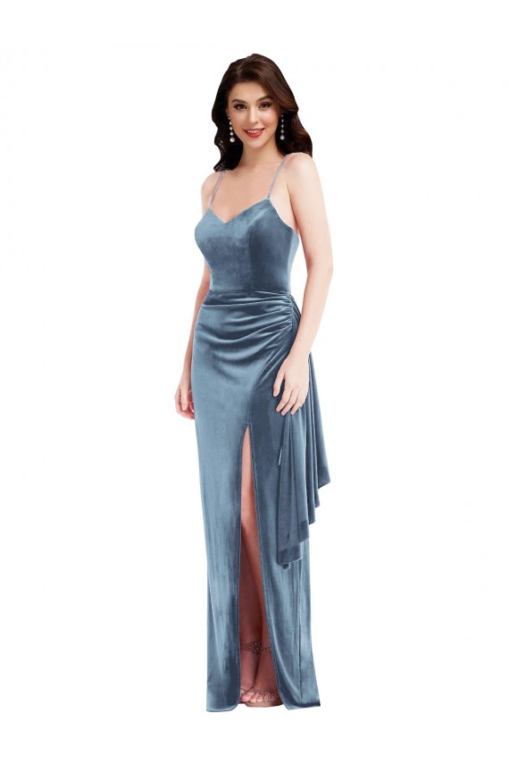Stretch Velvet Low Back Long Spaghetti Straps Trumpet Formal Evening Gown / Prom Dress / Bridesmaid Dress Sudbury